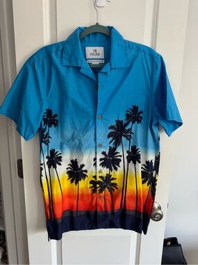 Men's Blue Sunset Palm Print Short-Sleeve Shirt